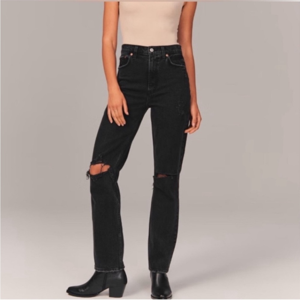 Abercrombie and Fitch the 90's Straight Ultra High Rise Distressed Black Jeans
